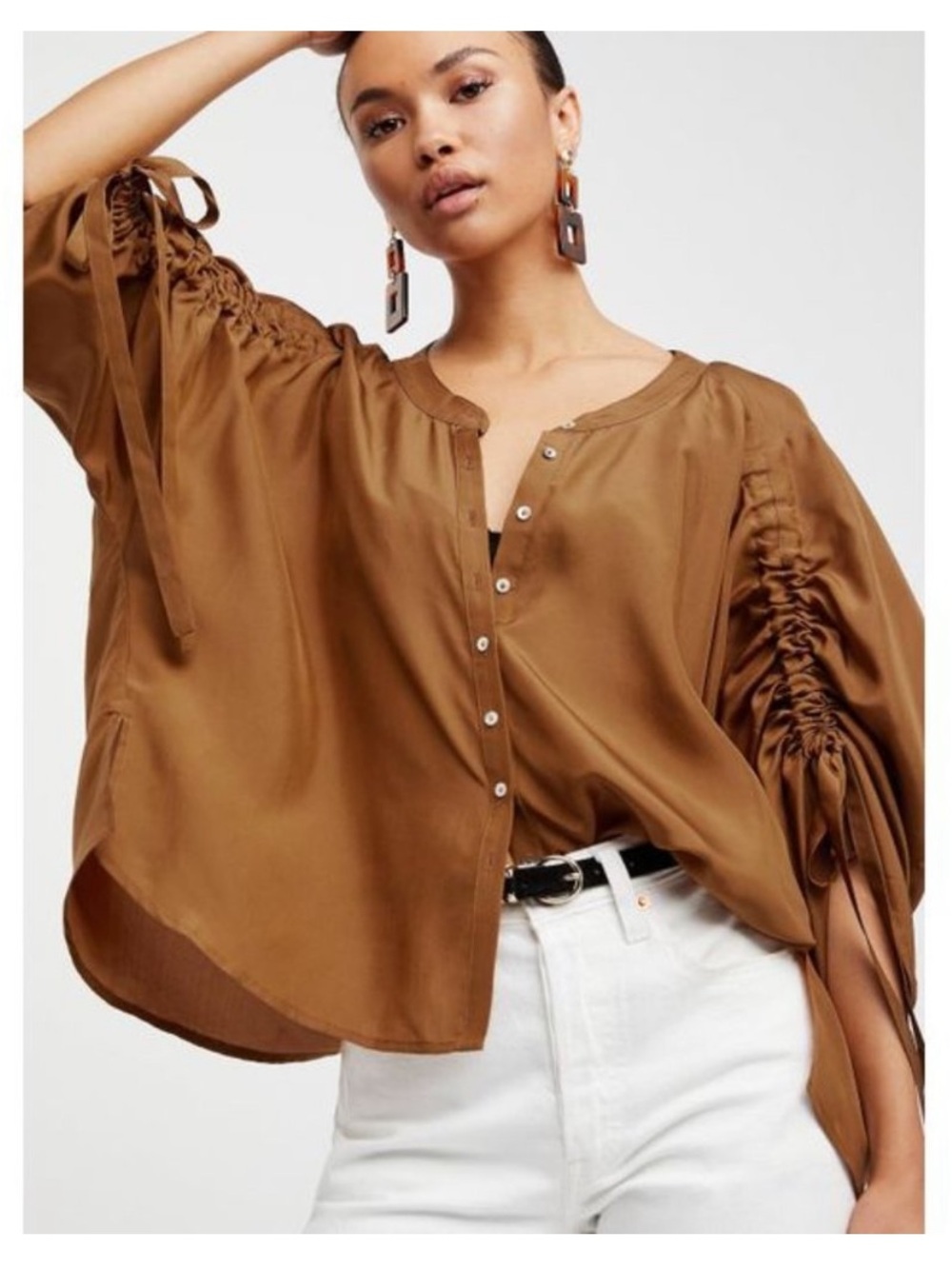 Free People Bombay Rust Copper Button-Front Silk Blouse with Ruched Tie Sleeves